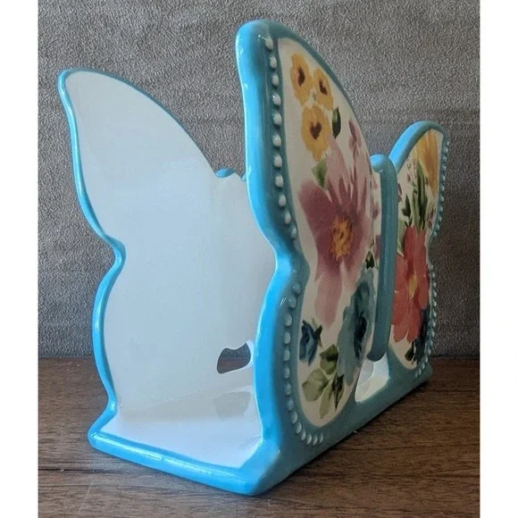Pioneer Woman Breezy Blossom Butterfly Ceramic Napkin Holder, Teal / Floral - Picture 3 of 9